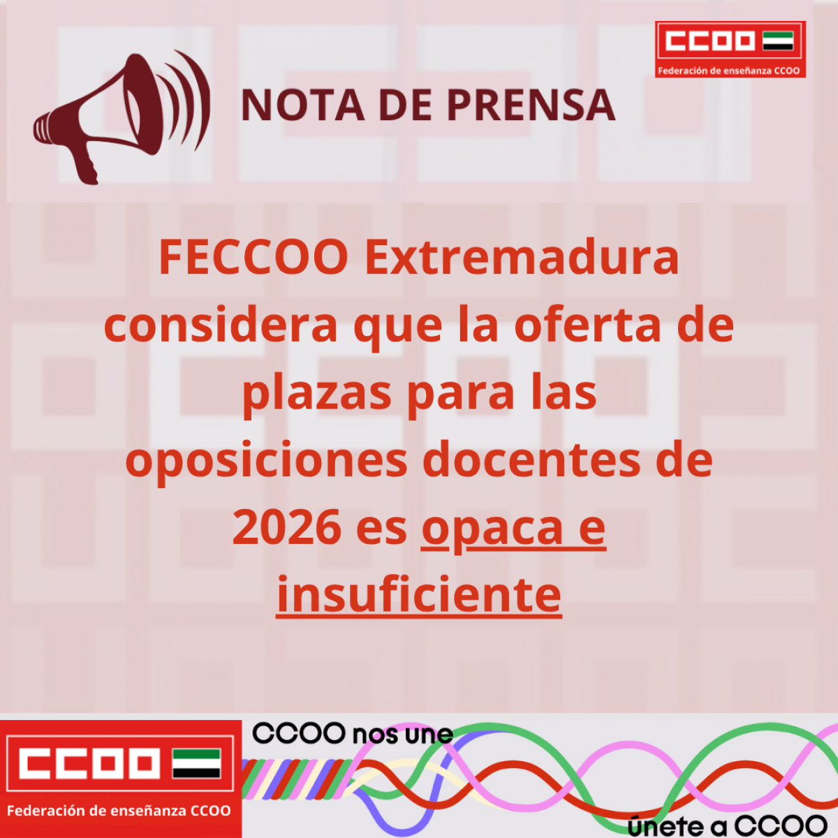 NOta de Prensa FECCOO Extremadura Plazas oposiciones 2026